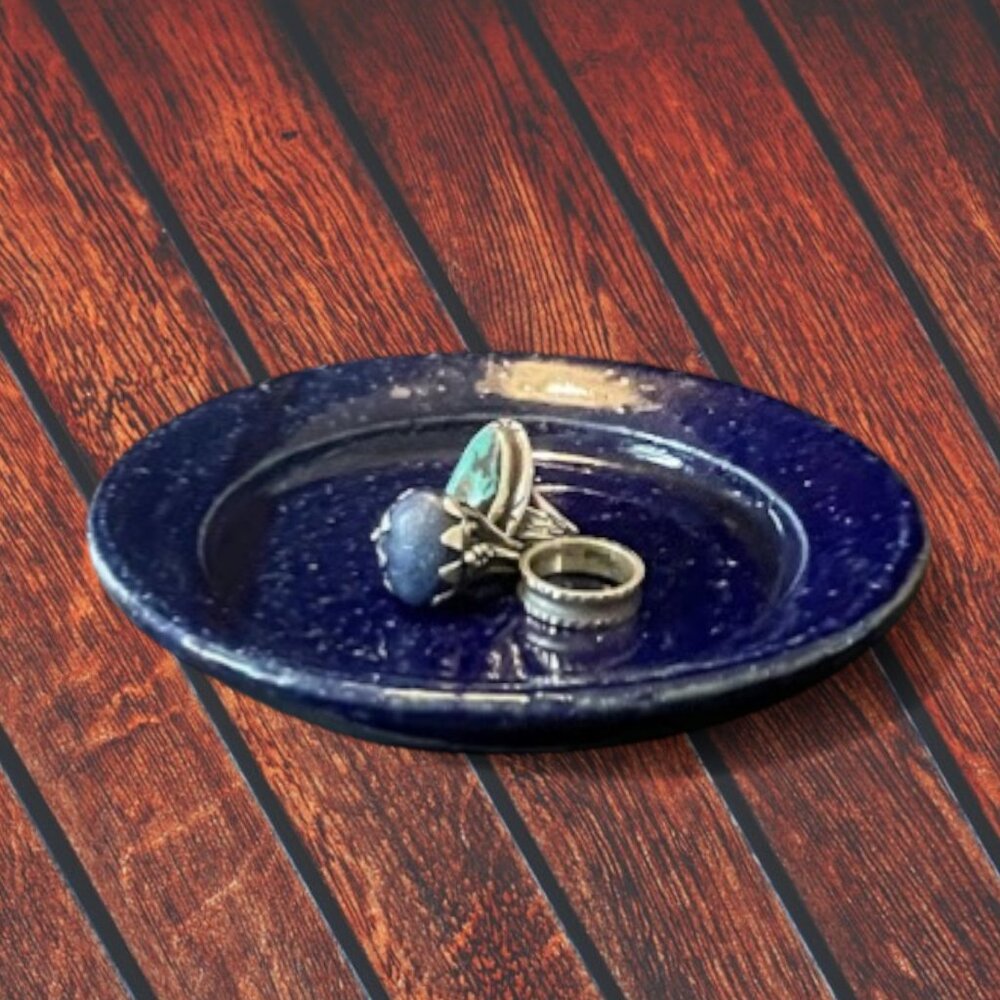 Studio Pottery Cobalt Blue Speckled Stoneware Trinket Dish Hand Thrown 5"